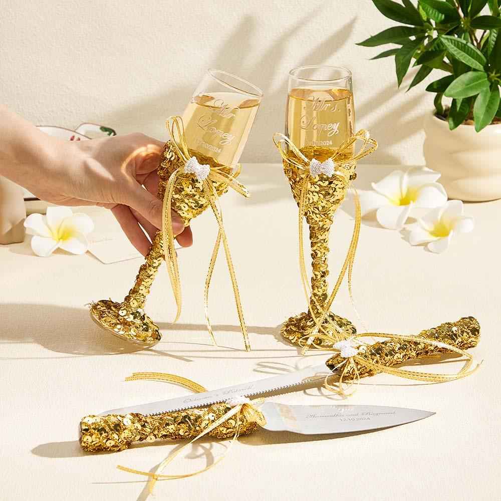 Personalized Champagne Flutes and Cake Server Set for Bride and Groom Wedding Gift