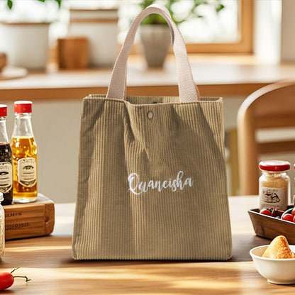 Side view of personalised mini tote showing sturdy handle and compact design – ideal lunch bag for children