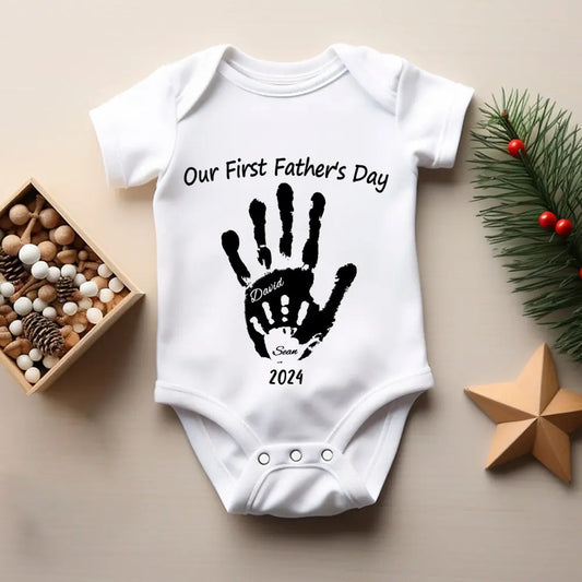 Personalised handprint baby t-shirt in soft 100% cotton with custom printed handprint and name — perfect first Father's Day gift keepsake