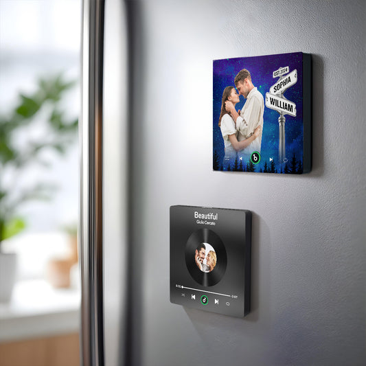FridgeBeats Frameless 4.0 personalised singing fridge magnet — square acrylic photo magnet that plays your chosen song
