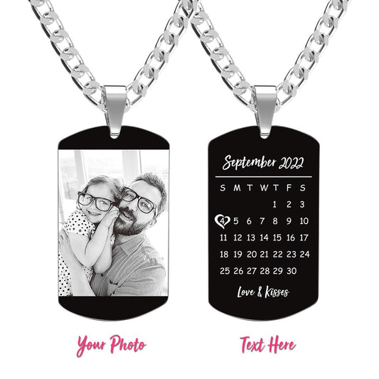 Personalised black stainless steel dog tag necklace with laser-engraved photo and custom calendar on a 45cm thick chain