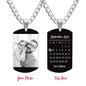 Personalised black stainless steel dog tag necklace with laser-engraved photo and custom calendar on a 45cm thick chain