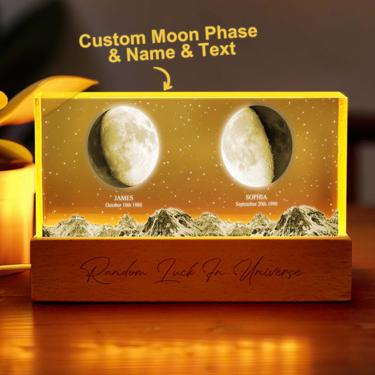 Personalised moon phase night light with custom couple photo illuminated on acrylic panel – romantic bedside ambient lamp, ideal custom photo gift for couples