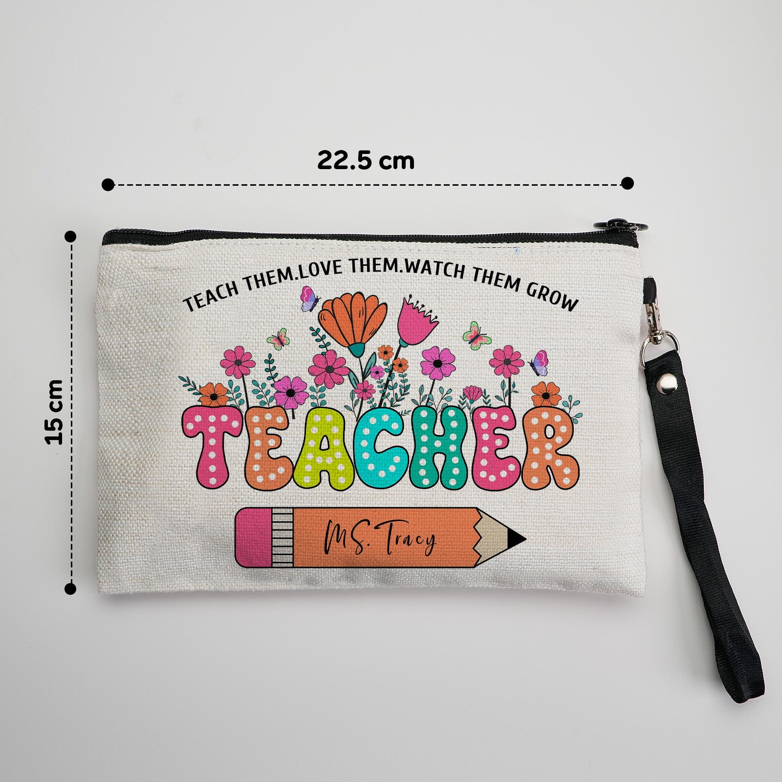 Floral personalised name pouch held as a chic clutch – thoughtful gift for teachers