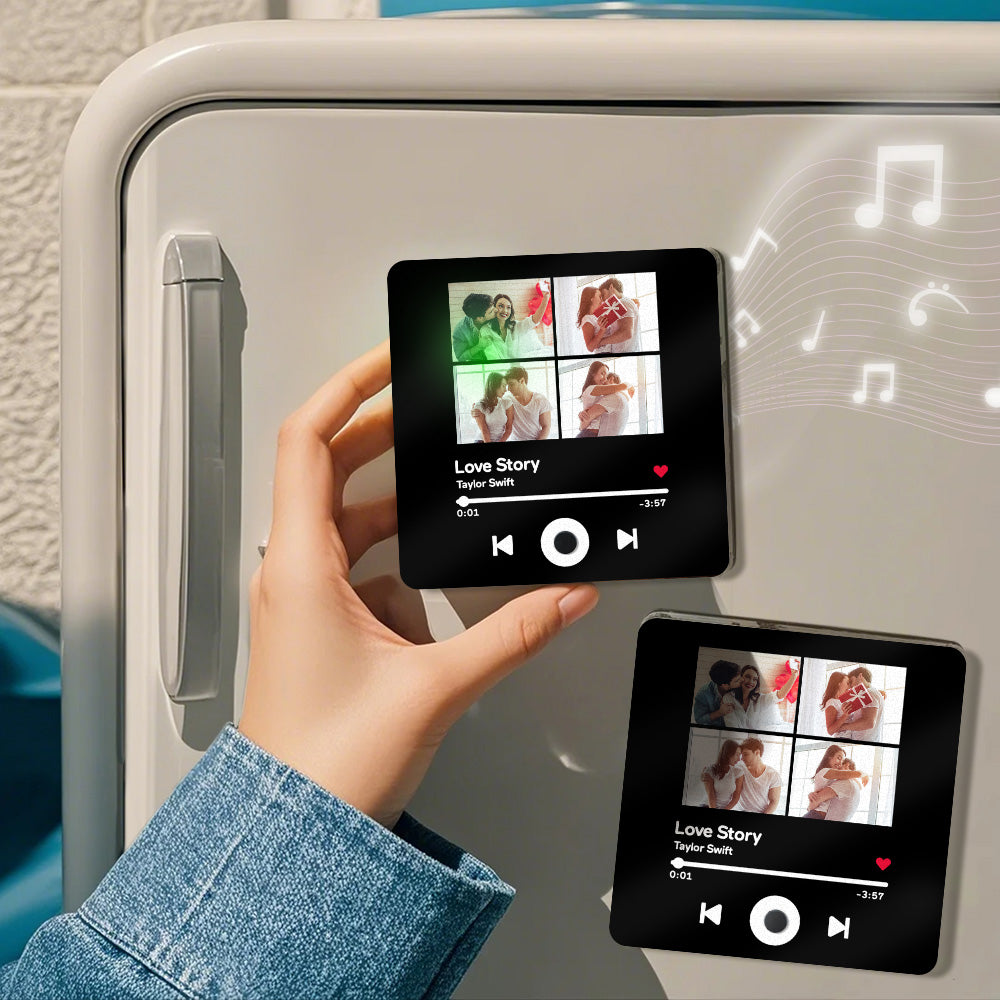 Close‑up of personalised photo music fridge magnet showing Type‑C charging port and acrylic finish — customised singing refrigerator magnet, ideal gift for wife or girlfriend