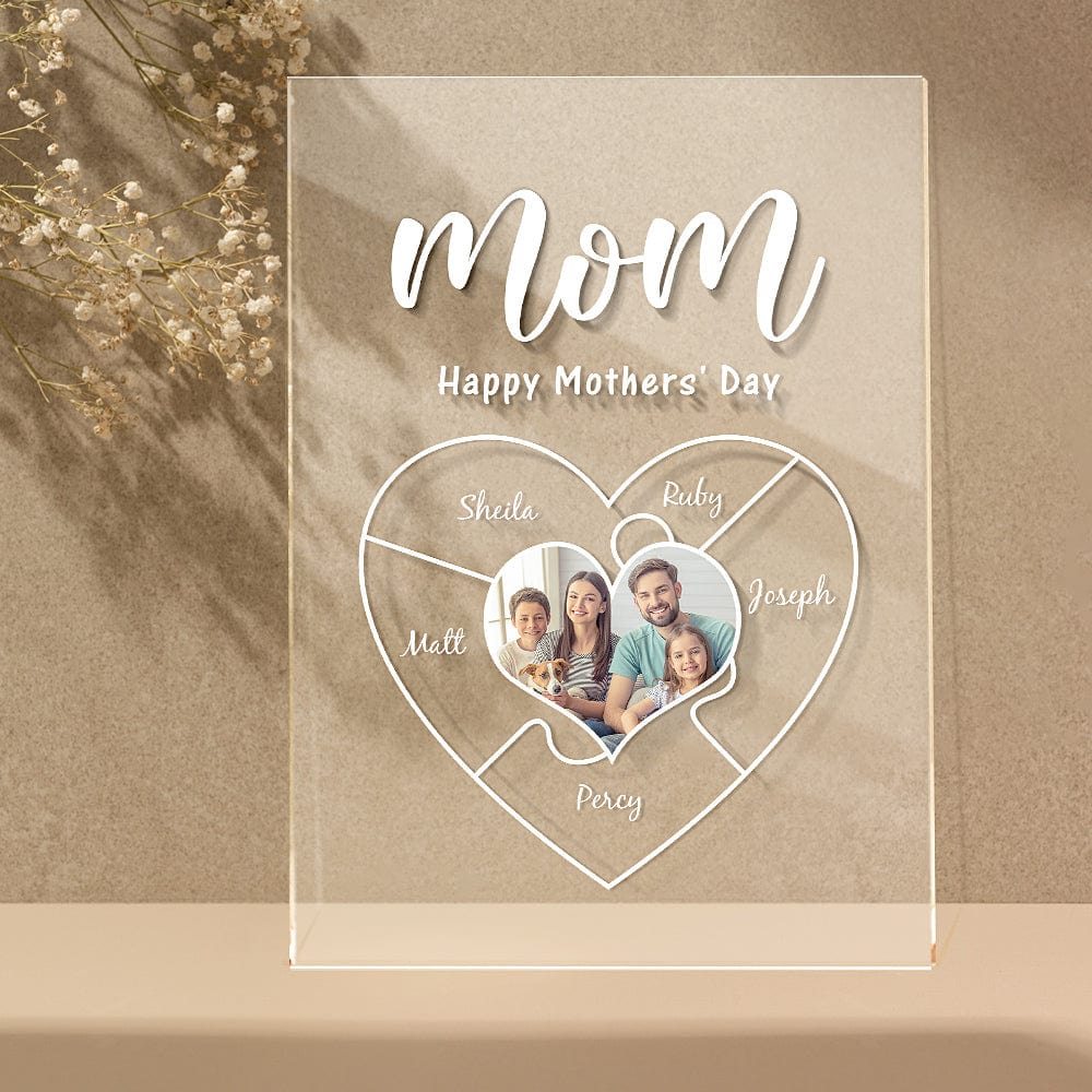 Illuminated personalised night light plaque on lamp holder featuring a photo print, engraved name and scannable Spotify code – stylish personalised lamp