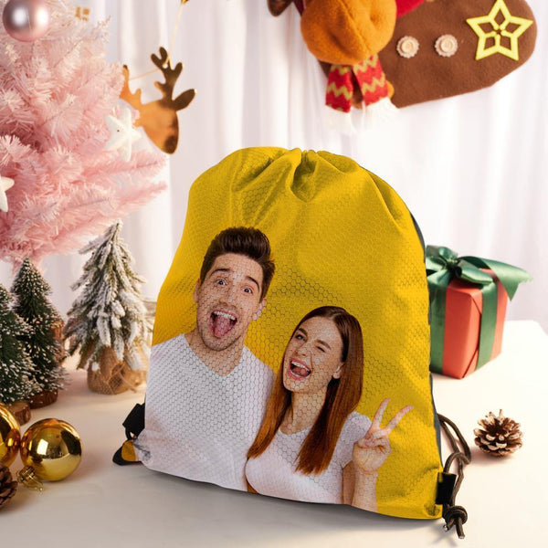 Customised photo drawstring backpack capacity shot with tablet, books and trainers inside – personalised sportpack for school and travel
