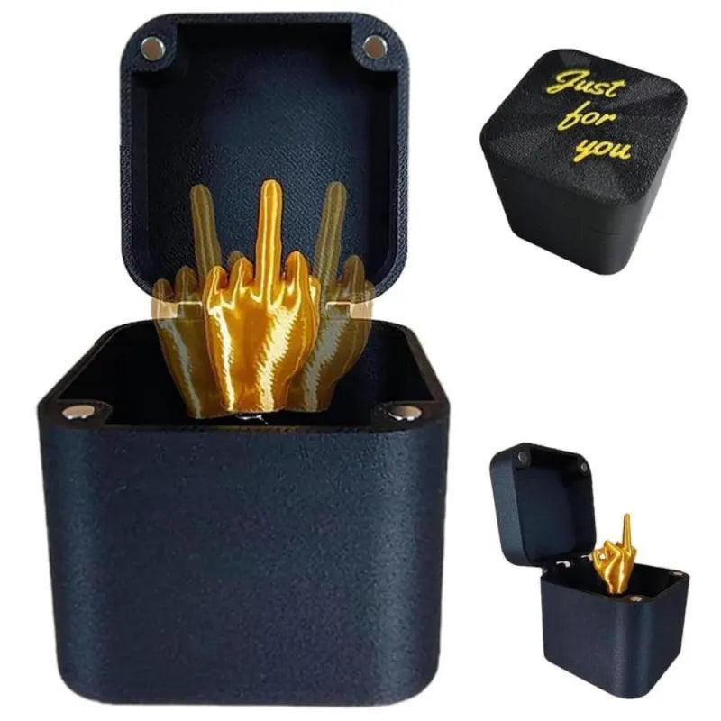 Personalised pop-up prank box open revealing plastic middle finger springing up — hilarious novelty gift and desk ornament