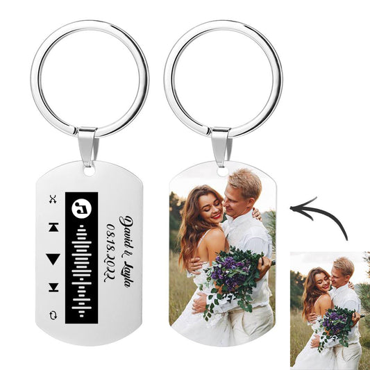 Personalised stainless steel Spotify keyring with photo and scannable Spotify music code — custom photo keychain gift