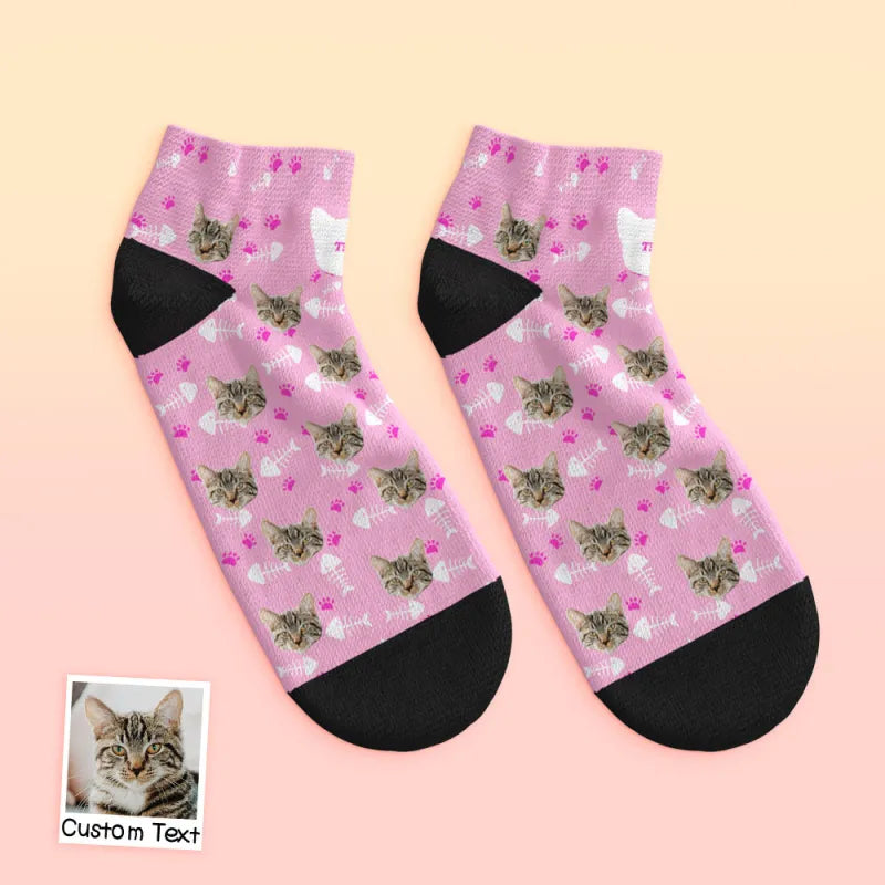 Folded personalised cat face low-cut ankle socks highlighting print quality and soft polyester fabric