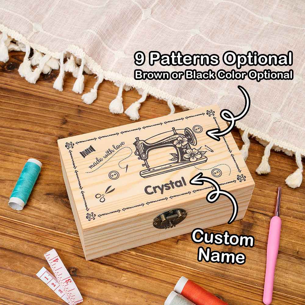 Personalized Sewing Machine Pattern Wooden Storage Box Gift for Seamstress Sewing Enthusiast