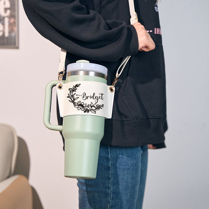 Interior view showing 40oz tumbler fit inside personalised floral carrier pouch with protective lining