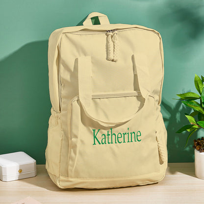 Side profile of personalised embroidered backpack showing name customisation and reinforced stitching — ideal travel or school bag gift for friends