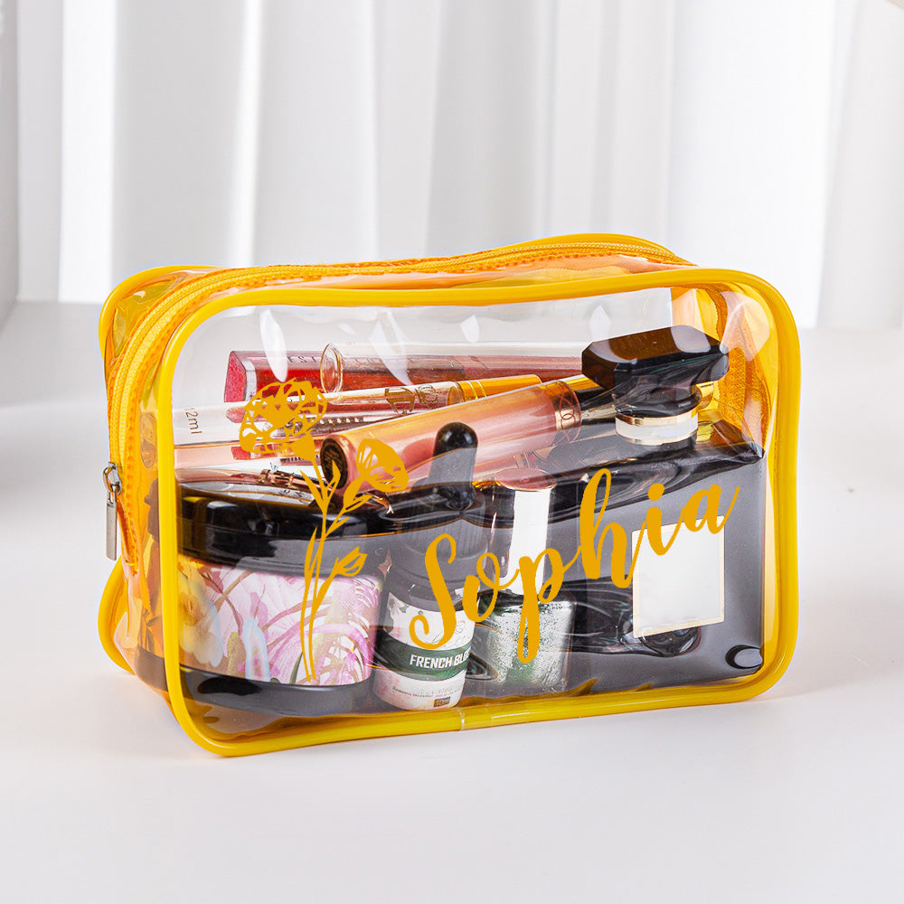 Transparent personalised makeup pouch showing organised cosmetics inside – compact waterproof travel cosmetic bag with name