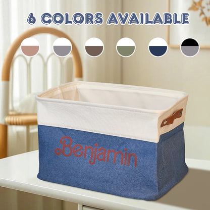Personalised Linen Storage Basket with Name - Custom Toy Organiser Bin for Children