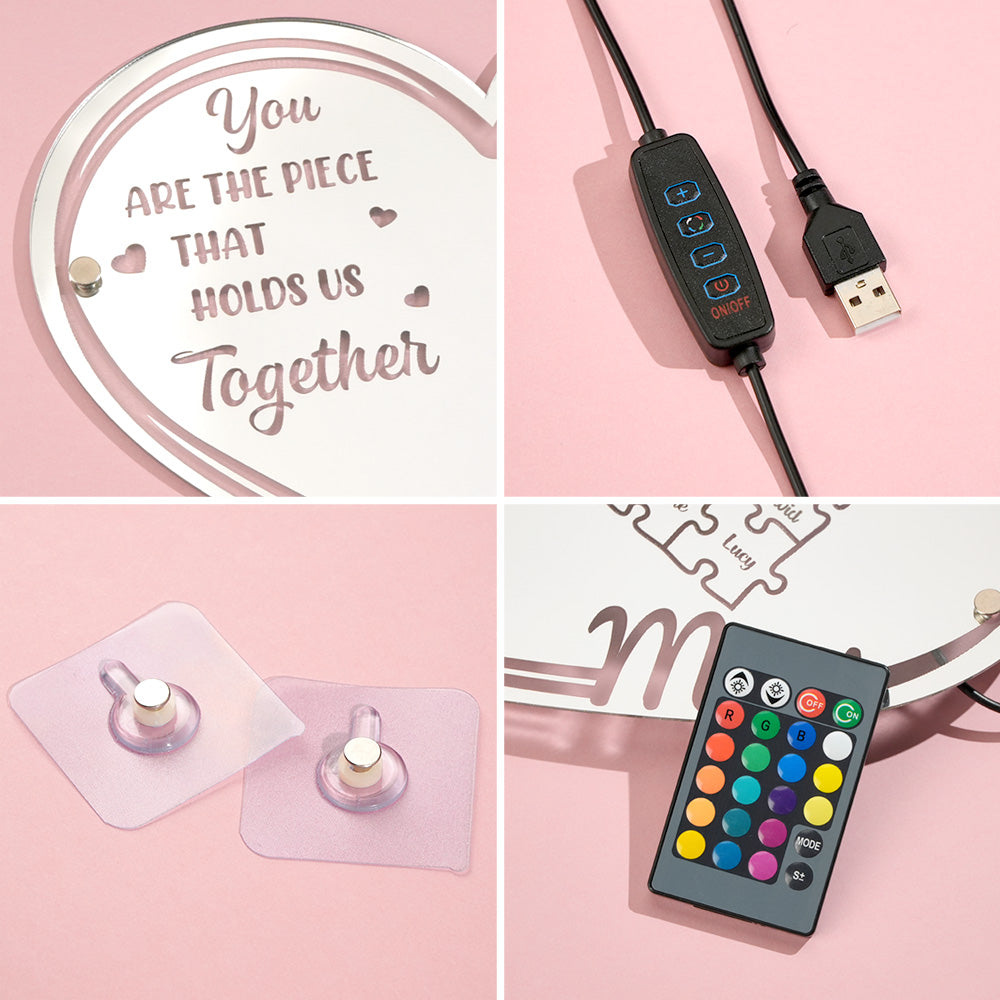 Personalised Mum Mirror Light - You Are The Piece That Holds Us Together Puzzle Sign