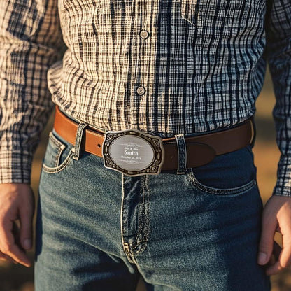 Gift presentation of personalised Western name belt buckle in a box — perfect groom wedding gift or keepsake for groomsmen