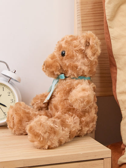 Side view of personalised birth announcement bear highlighting plush texture and PP cotton filling, 25cm x 24cm