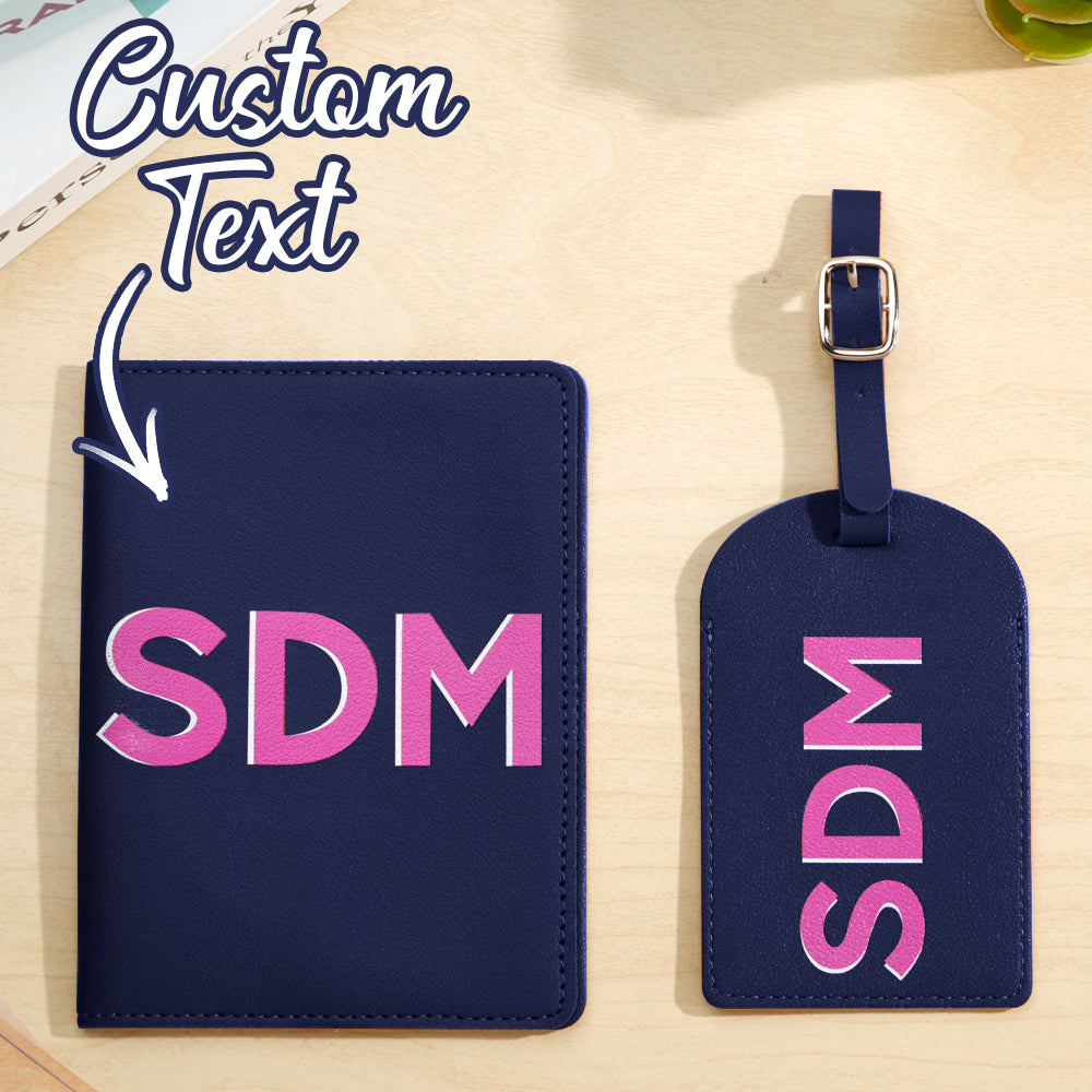 Passport holder and luggage tag photographed with travel essentials — coordinated personalised travel accessories set for holidays