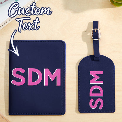 Passport holder and luggage tag photographed with travel essentials — coordinated personalised travel accessories set for holidays