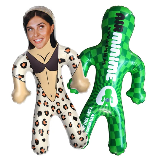 Personalised inflatable blow up doll with a custom face design from your photo, a fun party favour, made from PVC.