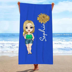 Custom Cartoon Women Girl Birth Flower Multicolor Beach Towel Personalized Name Vacation Beach Towel Gift for Friend