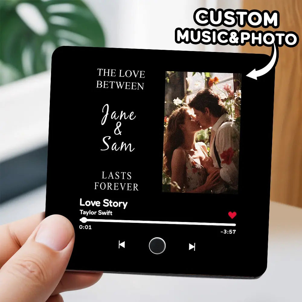 Personalised Music Fridge Magnet — engraved acrylic album-style magnet with photo and custom text, plays a chosen song; perfect personalised gift for her