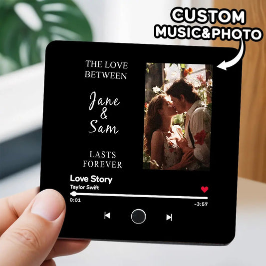 Personalised Music Fridge Magnet — engraved acrylic album-style magnet with photo and custom text, plays a chosen song; perfect personalised gift for her