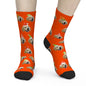Print and fabric detail of personalised pet face socks — heat-transfer print on soft, breathable fabric for vibrant, long-lasting colour