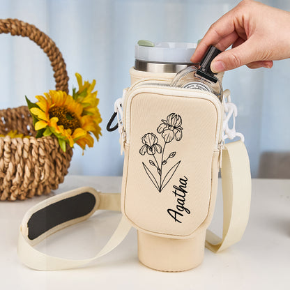 Front view of personalised birth flower waterproof neoprene bottle carrier for 40oz Stanley tumbler, custom floral name design – gift for her