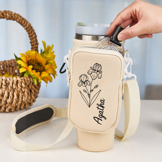 Front view of personalised birth flower waterproof neoprene bottle carrier for 40oz Stanley tumbler, custom floral name design – gift for her