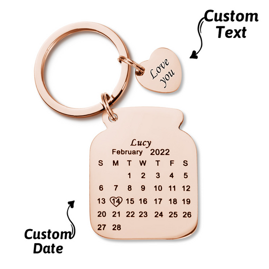 Personalised engraved stainless steel anniversary date calendar keychain with mirror polish — perfect gift for wife or partner