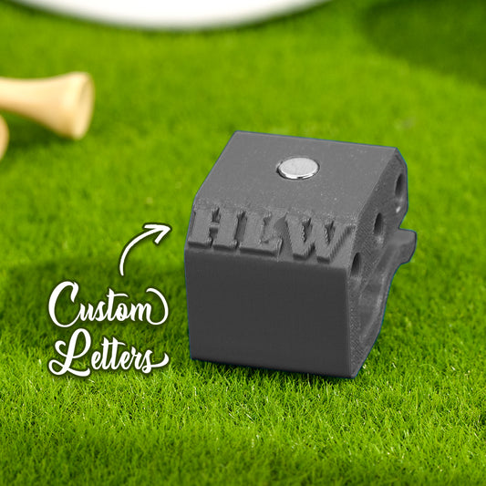 Personalised 3D printed magnetic golf ball marker hat clip clipped to a cap with tees holder — lightweight PLA golf accessory