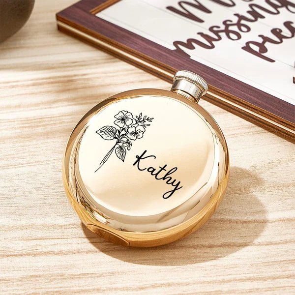 Personalised Name Flask with Birth Flower - Custom Bridesmaid Gift