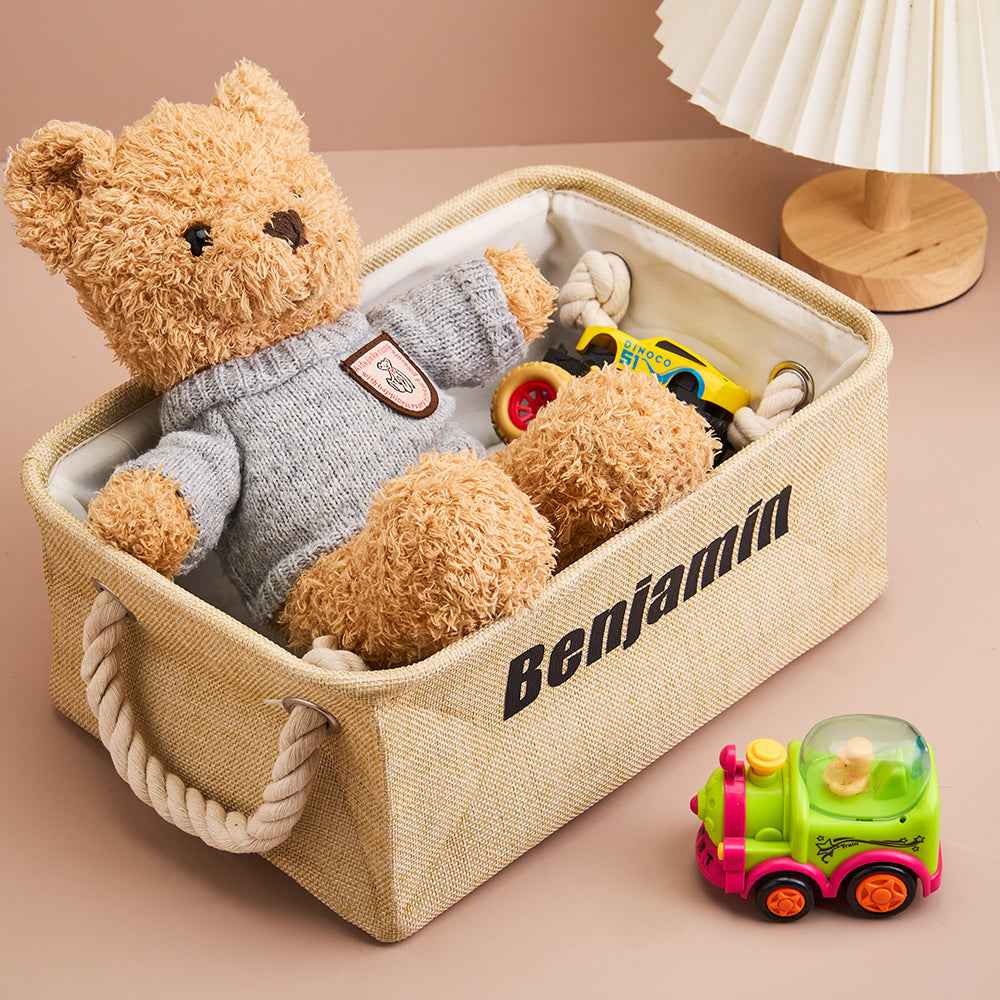 Personalized Storage Basket with Name Toy Bin Linen Organizer Gift for Children