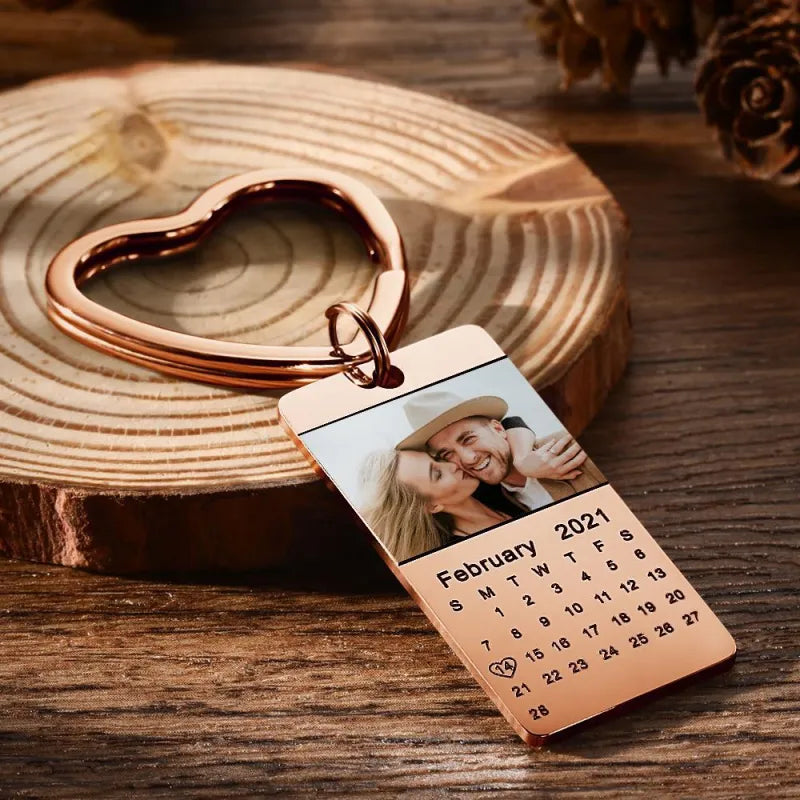 Gold-plated Personalised Photo Calendar Keyring — polished stainless-steel photo date keyring, thoughtful anniversary or birthday gift