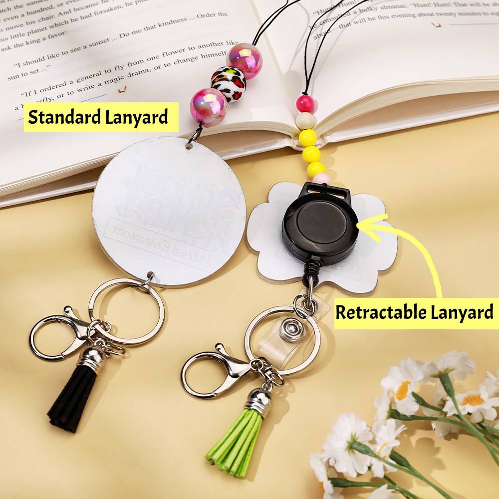 Glitter tassel lanyard showing lower keychain attachment with keys and ID card — personalised teacher lanyard