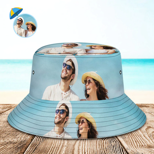 Unisex all-over print personalised bucket hat with custom text, foldable design and breathable fabric providing UV sun protection for travel and festivals