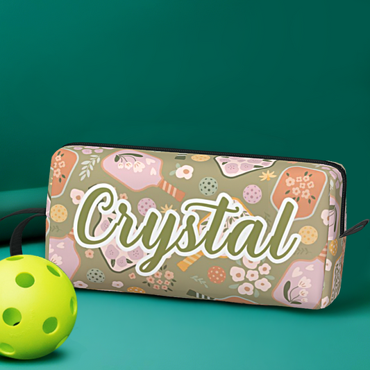 Personalised Pickleball Ball Pouch in retro flower print with example name — compact polyester pickleball ball holder