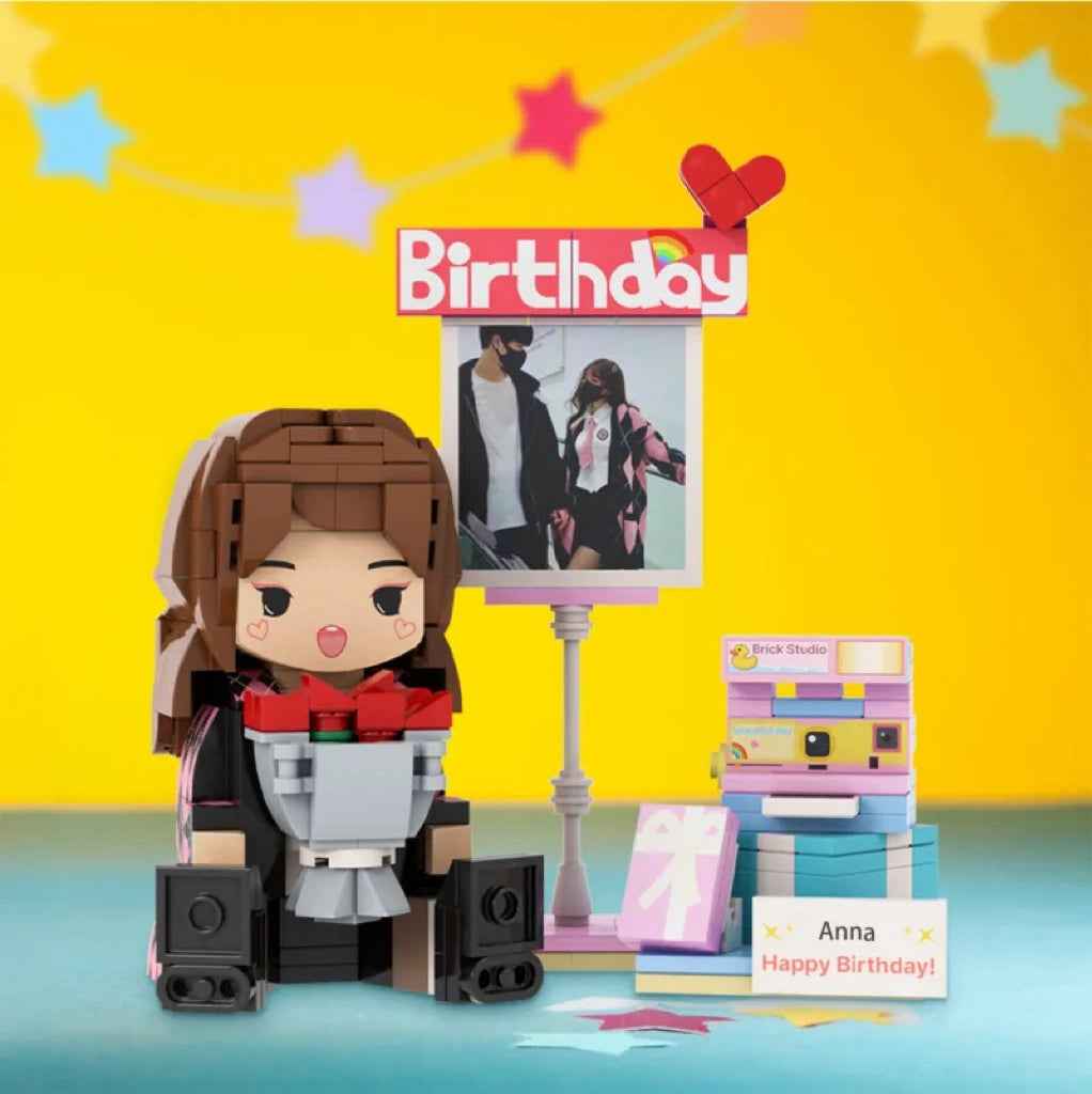 Full-body Custom 1 Person Brick Figures with Photo and Text Birthday Gift for Her