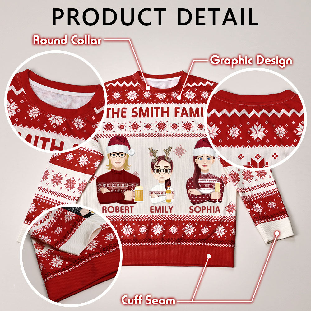 Model wearing personalised cartoon Christmas jumper, ideal Secret Santa and personalised name gift — funny ugly sweater style