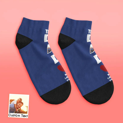 Front and back views of personalised low-cut ankle socks featuring custom face print and ‘We Love You’ message — perfect keepsake gift