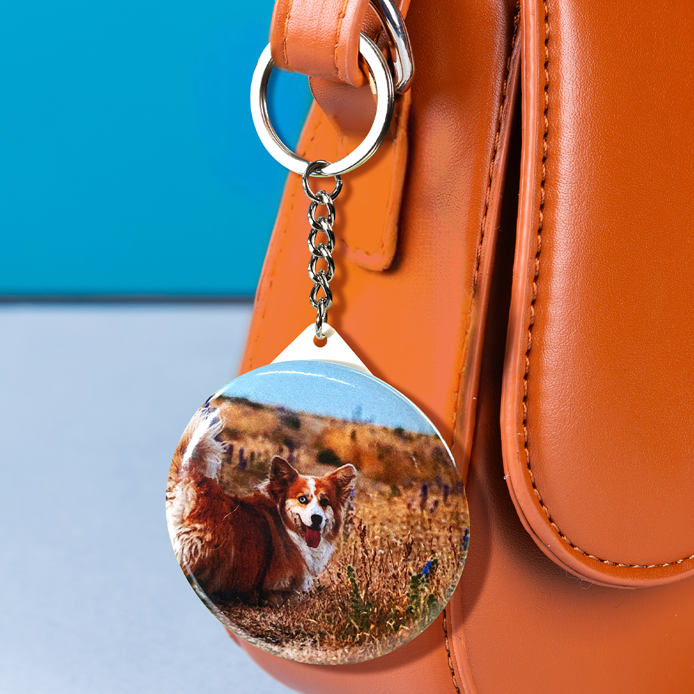 Personalised photo keyring attached to a handbag as a bag charm – versatile iron keyring for everyday use, memorial keepsake or housewarming present