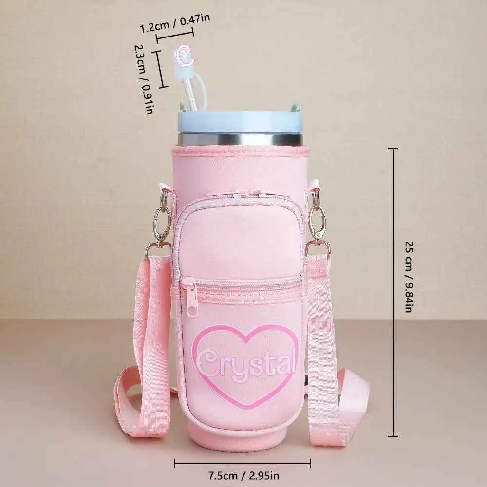 Personalized Water Bottle Carrier Bag for 40oz Stanley Tumbler with Straw Topper Pouch Gift for Her