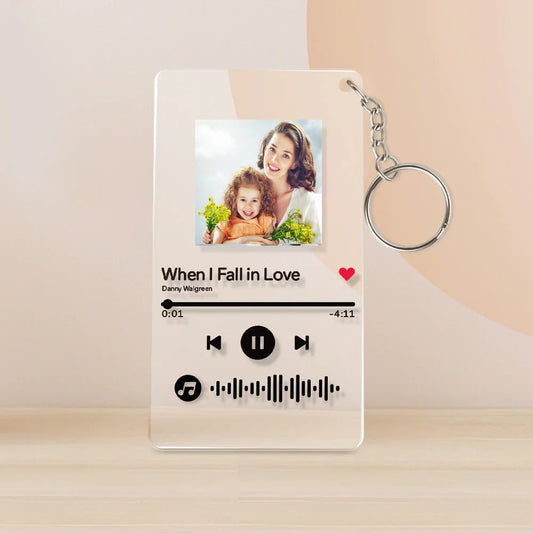 Personalised Photo Acrylic Music Code Keyring showing printed photo and scannable music code — 86×54mm custom song keychain gift for Mum