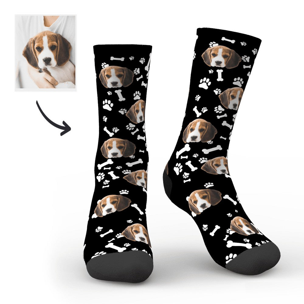 Assortment of personalised socks in multiple colours showcasing custom dog avatar and face prints — personalised novelty socks for all ages