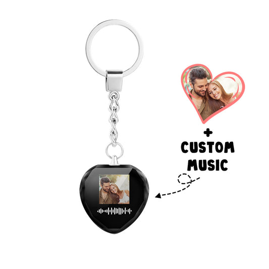 Personalised Heart Crystal Photo Song Keyring – clear heart crystal with UV‑printed photo and scannable music code on an alloy key ring