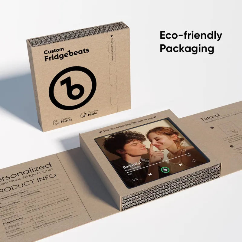 Gift‑ready packaging of FridgeBeats Frameless Custom Music Fridge Magnet 4.0 — personalised photo gift in protective box, perfect for gifting in the UK and Australia