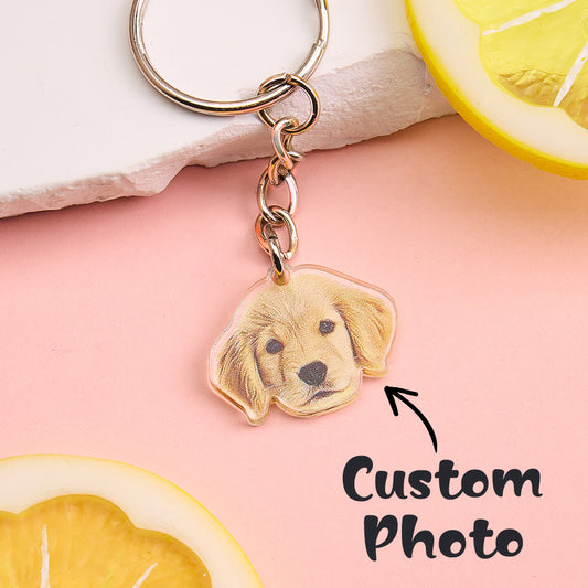 Personalised pet portrait acrylic keychain showing a custom dog photo on a sturdy split ring — perfect custom pet keyring and pet lover gift