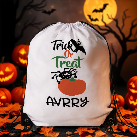 Personalised Halloween drawstring bag front view – custom engraved trick‑or‑treat backpack in polyester with name customisation